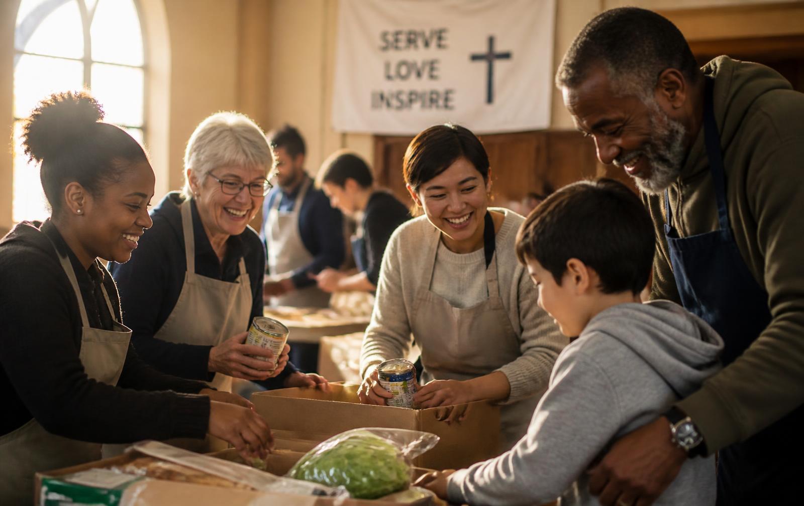 Volunteers of many ages packing grocery boxes together